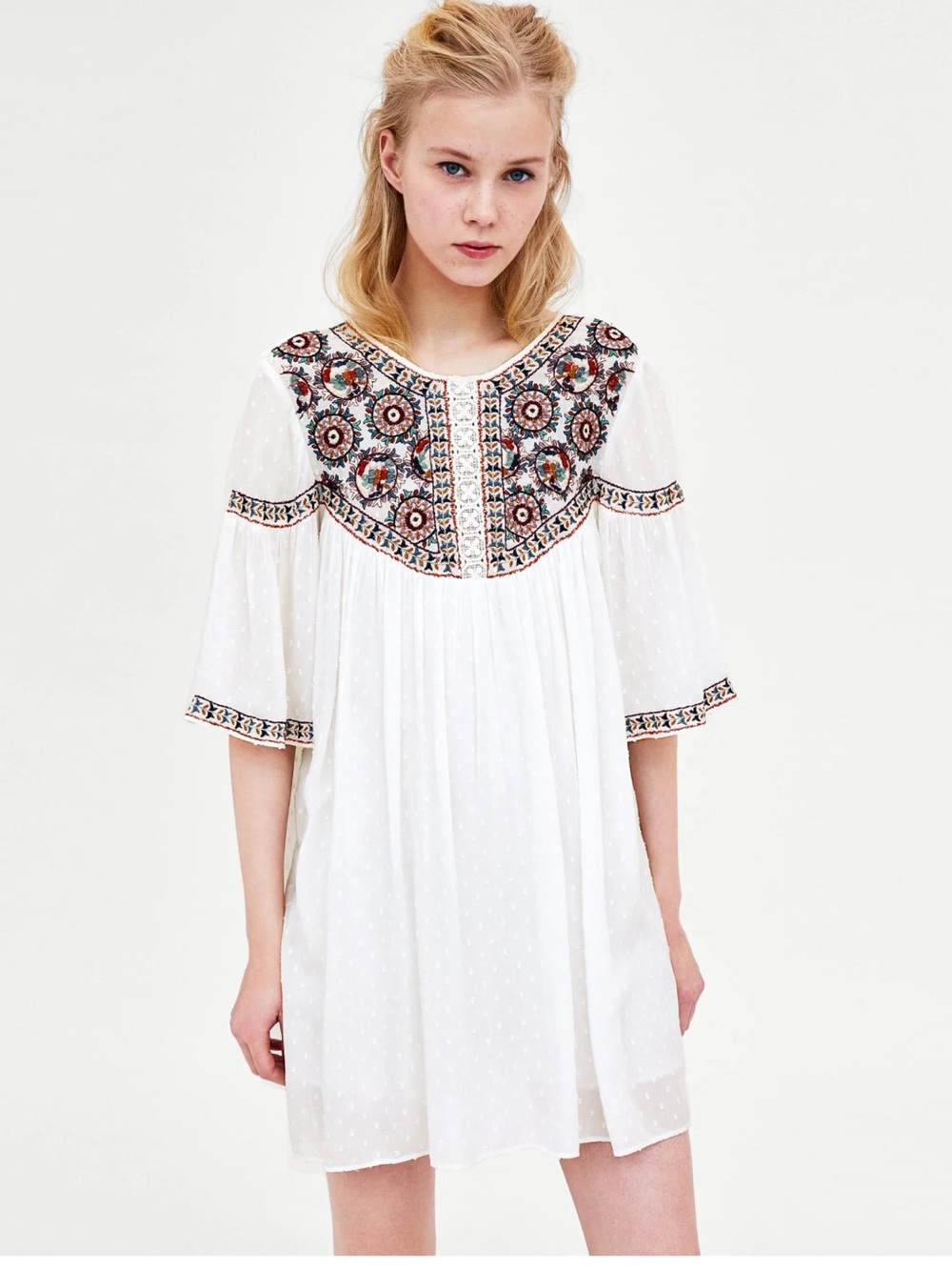 Zara White Embroidered Plumetis Boho Romper Dress XS